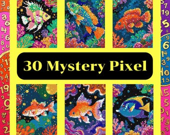 Color by number, Mystery Pixel, Square shape, 30 pages, 24 colors, Adults, Printable, A4, PNG, PDF, Light & Dark, Digital, Instant Download
