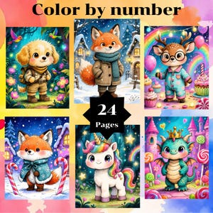 Può includere: Un libro da colorare per bambini con il testo "Color by number" in alto. Il libro presenta sei illustrazioni colorate di simpatici animali, tra cui un cucciolo, una volpe, un cervo, un unicorno e un drago. Il libro ha 24 pagine.