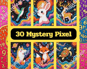 Color by number, Mystery Pixel, Square shape, 30 pages, 24 colors, Adults, Printable, A4, PNG, PDF, light & Dark, Digital, Instant Download
