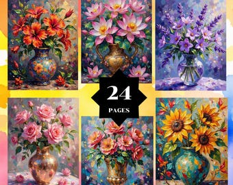Coloring by number, Flower 24 pages, 32 Colors, For adults, Printable, 8.5 x 11 Inches, PNG & SVG File, Instant Download, Paint by numbers