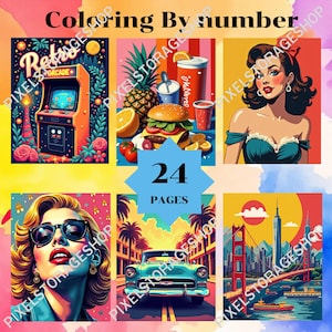 May include: A digital coloring book set featuring 24 pages with retro-themed illustrations including an arcade machine, a burger meal, a portrait of a person, a person wearing sunglasses, a classic car, and a city skyline with a bridge.