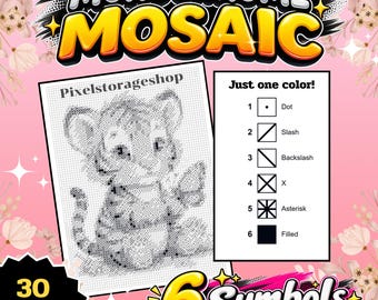 Monochrome Mosaic, Color by Number, 6 Symbols,  1 color, 30 pages, For adults , Printable, A4,  PDF, PNG, Digital, Instant Download, Animal
