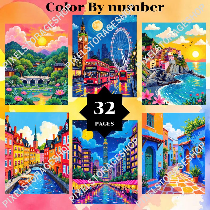 May include: A digital collection of 32 color-by-number pages featuring vibrant illustrations of global landmarks and cityscapes, including a London street scene with a red bus, a coastal village, a canal-side town, and various urban night views.