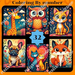 Colorear por números, 32 páginas, 32 colores, Para adultos, Imprimible, 8.5 x 11 pulgadas, Archivo PDF y PNG, Descarga instantánea, Pintar por números