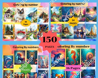 Coloring by number, 150 pages, Coloring pages for adults, Printable,  PNG File, Instant Download, Paint by numbers