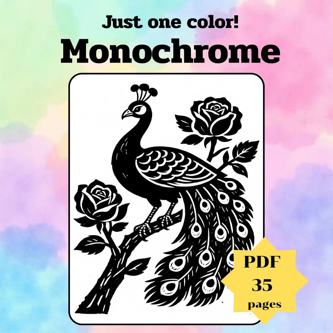 Monochrome Coloring, 35 Pages, Use Just One Color, for Adults or Kids ...