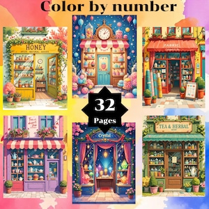 Può includere: Un'illustrazione colorata per un libro da colorare 'Color by Number', con sei fantasiose vetrine di negozi. I negozi includono un negozio di miele, un negozio di caramelle, un negozio di tessuti, un negozio di tè e dessert, un negozio di cristalli e un negozio di tè e erbe. Il libro ha 32 pagine.