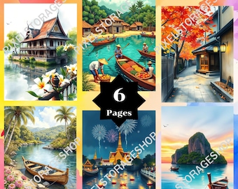 Color by number, Asian landscape, 6 pages, Printable, 8.5 x 11 Inches, 24 Colors,  PNG & SVG File, Instant Download, Paint by numbers