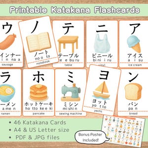 May include: Printable Katakana flashcards with vibrant illustrations and Japanese Katakana characters. Each card shows a word in Katakana, its romanization, and an English translation. Includes a bonus poster.