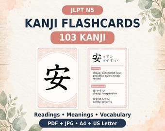 JLPT N5 Kanji Flashcards, 103 Japanese Study Cards With Readings