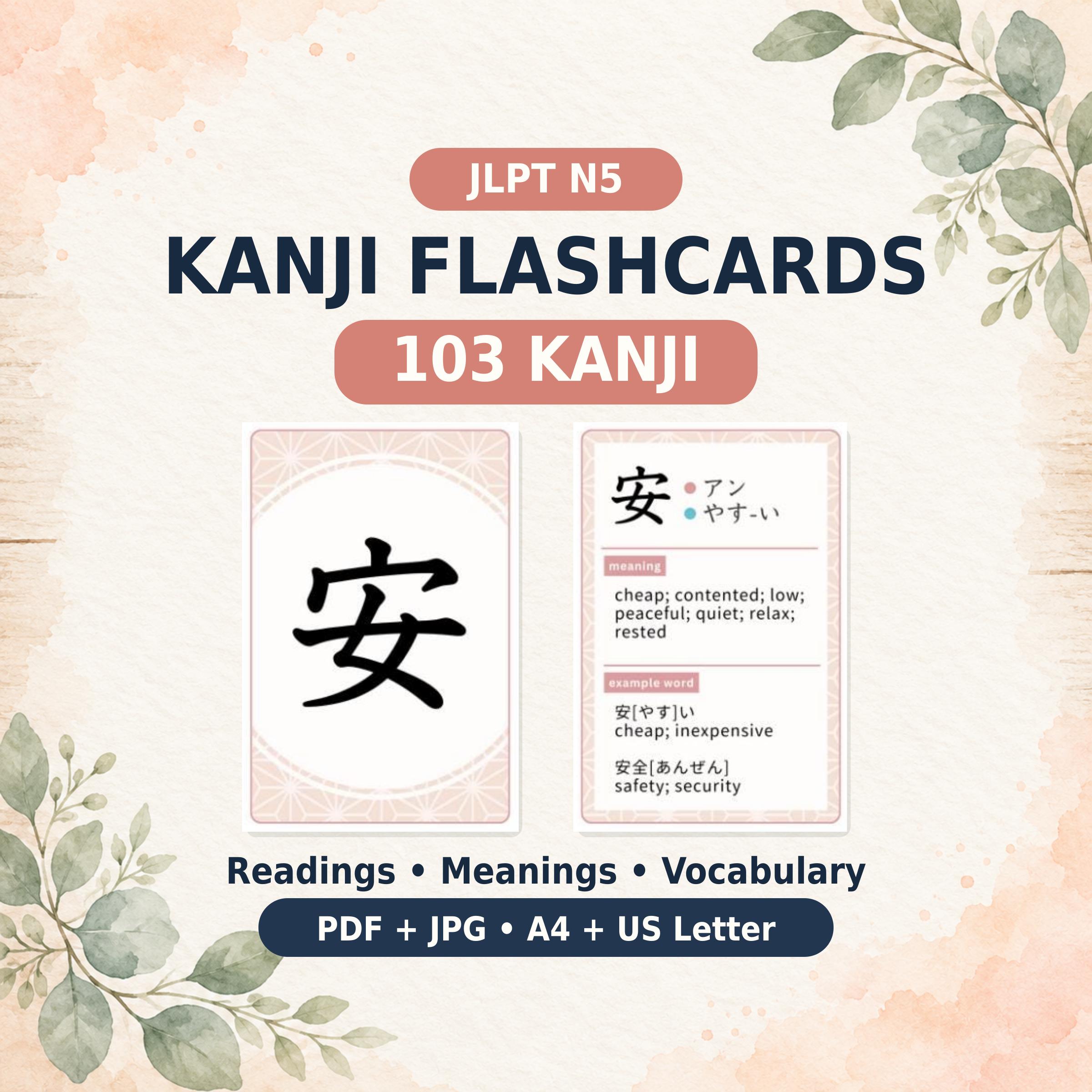 JLPT N5 Kanji Flashcards, 103 Japanese Study Cards With Readings