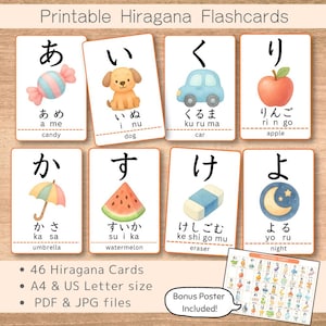Tarjetas imprimibles de Hiragana con vocabulario: lindas tarjetas del alfabeto japonés en acuarela + tabla de Hiragana