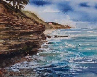 Sunset Cliffs, Watercolor Print, Seascape,  San Diego, Clouds, Ocean, Sea, waves