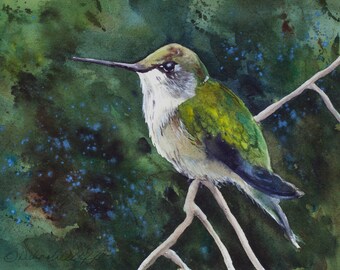 Hummingbird 2, Watercolor Print, Hummer, Birds, Trees, Wildlife, Green