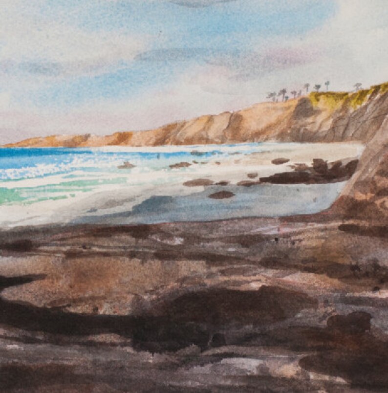 View to Blacks Beach, La Jolla Shores, Watercolor Print, San Diego, California Coast, Beach Waves, Seascape, Blue image 2