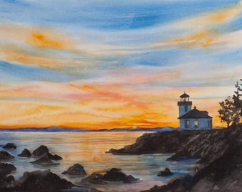 Lime Kiln Sunset, Watercolor Gicée Print, San Juan Island, Lighthouse, Whalewatching, Pacific Northwest, Lime Kiln Point
