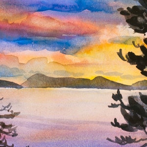 Orcas Island Sunset, Watercolor Giclée Print, Puget Sound, San Juan Islands, Silhouette, Trees image 3