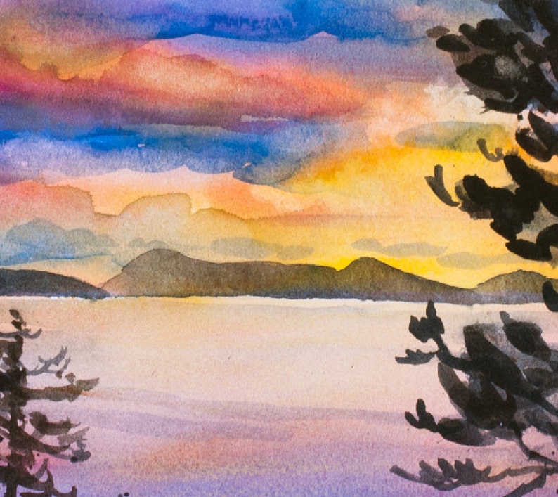 Orcas Island Sunset, Watercolor Giclée Print, Puget Sound, San Juan Islands, Silhouette, Trees zdjęcie 3