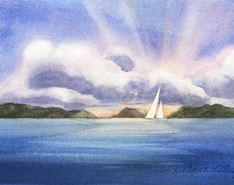 Storm's End, Watercolor Print,  Seascape, Sailing, Coastal, Islands, Cloud, Sunset, Sunrays, Blue