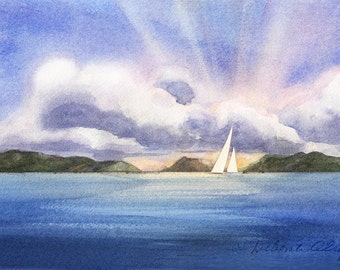 Fin de l’orage, aquarelle d’impression, paysage marin, voile, littoral, îles, nuage, coucher de soleil, rayons du soleil, bleu