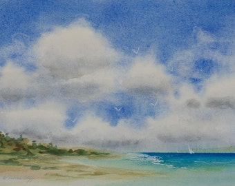 Another Shore, Watercolor Print, Seascape, Shore, Beach, Clouds, Coast, Sailboats, Blue