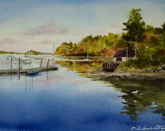 Cayou Quay, Sunrise, Watercolor Giclée Print, Deer Harbor, Orcas Island, San Juan Islands, Boats, Marina