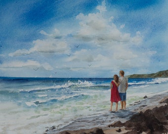 Beach Couple, Watercolor Print, Shore, Surf, Surfer, Waves, West Coast, California, Ocean, Clouds, Sand