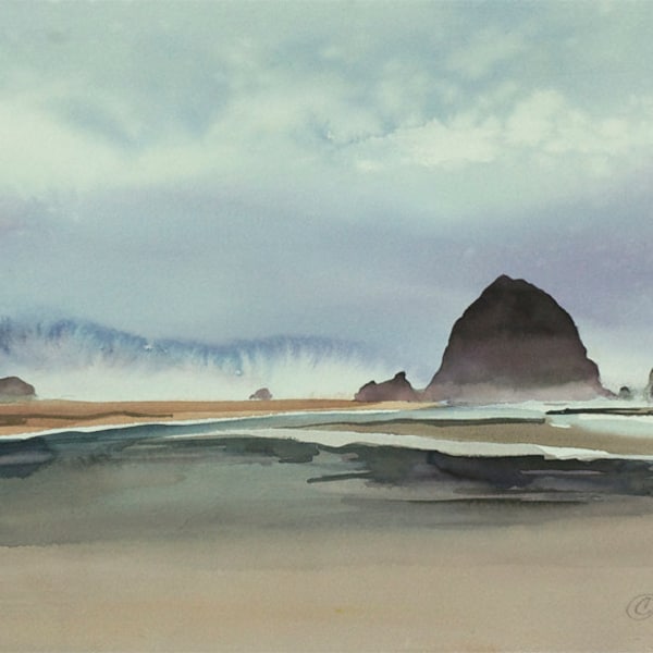 Haystack Rock, Watercolor Print, Seascape, Cannon Beach, Oregon Coast, Fog