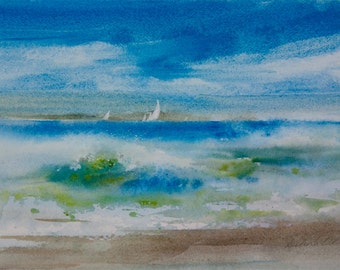 Windswept, Watercolor Print, Seascape, Beach, Clouds, Coast, Sailboats, Turquoise