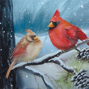 Cardinal Couple, Watercolor Print, Winter, Birds, Red, Snow image 1