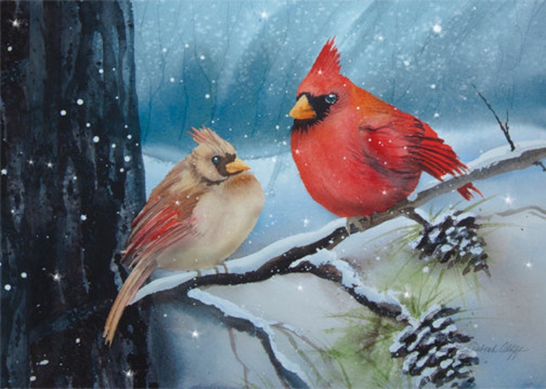 Cardinal Couple, Watercolor Print, Winter, Birds, Red, Snow image 1