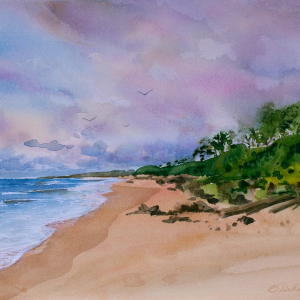 Lydgate Beach, Kauai, Watercolor Original, Seascape, Hawaiian Islands, Ocean, Clouds