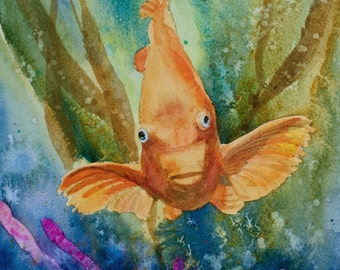 Up Close and Personal, Garibaldi, Watercolor Print, Fish, Kelp Forest, Ocean, Sea, Marine-life, Underwater