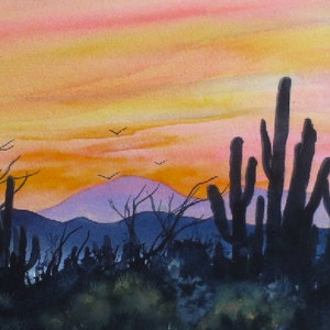 Desert Sunset, Watercolor Original, Southwest, Cactus, Sky, Silhouette image 3