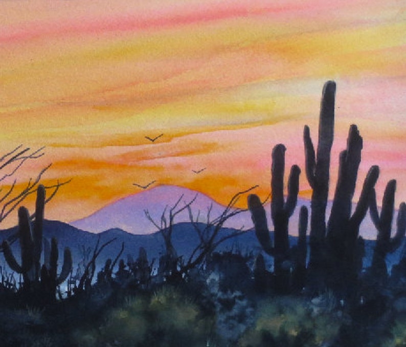 Desert Sunset, Watercolor Original, Southwest, Cactus, Sky, Silhouette image 3