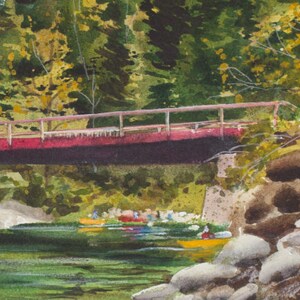 Rite of Passage, Watercolor Print, Stuart Fork River, Trinity Alps, Reflections, Trees, Northern California, Green, Woods, Bridge image 3