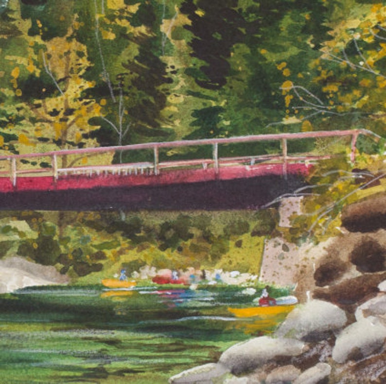 Rite de passage, Aquarelle, Stuart Fork River, Trinity Alps, Reflets, Arbres, Californie du Nord, Vert, Bois, Pont image 3