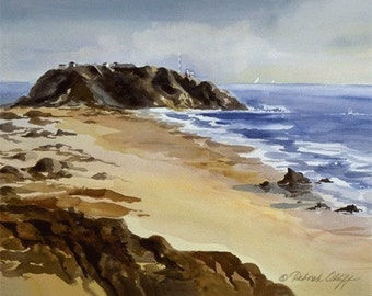 Point Sur, Lighthouse, Watercolor Print, Beach, Big Sur Coast, California, Seascape