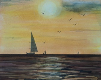 Sunset Cliffs, Watercolor Print, Seascape,  San Diego Bay, Sailboat, Ocean, Sea, Sailing