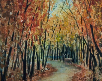 Autumn Path, Watercolor Print, Deer, Trees, Forest, Fall Colors