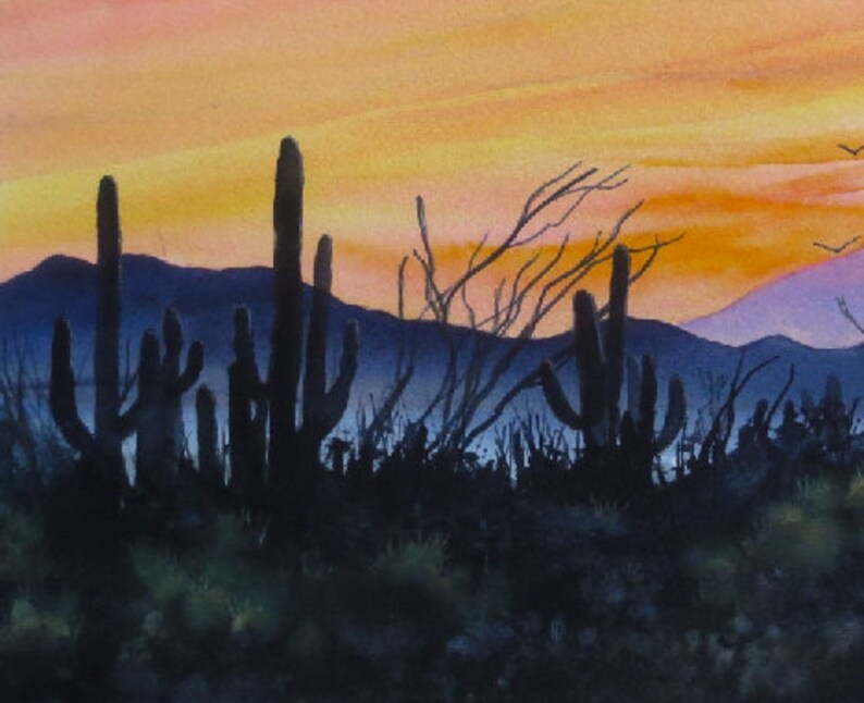 Desert Sunset, Watercolor Original, Southwest, Cactus, Sky, Silhouette image 2