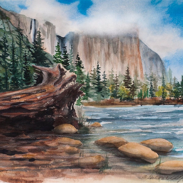 El Capitan Rising, Watercolor Original Painting,, Yosemite Valley, National Park, Merced River, Clouds, Trees