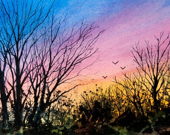 Tanglewood V, Watercolor Print, Sunset Sky, Silhouette, Trees, Birds, Blue, Orange, Pink