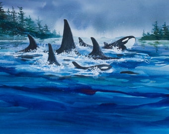 Joyful Pod, Orca, Watercolor Print, Killer Whales, Ocean, Marine Life, Blue, Green