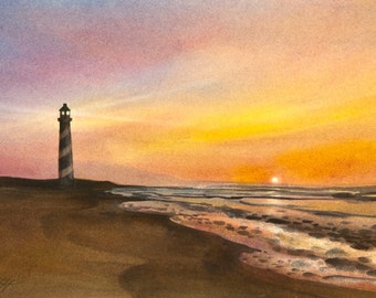 Cape Hatteras Light, Lighthouse, Watercolor Print, Sunset, Orange