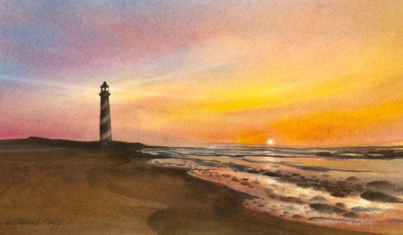 Watercolor Lighthouse painting PRINT  Cape Hatterus North Carolina Seascape Sailboats sailboat  GICLEE reproduction