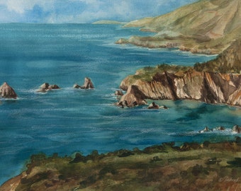 Big Sur Coast, Watercolor Print, Seascape, California, Cove, Sea, Ocean, Blue, Beach