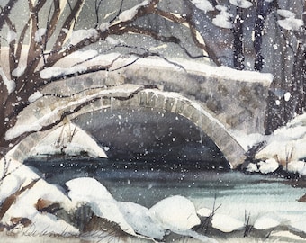 Winter Bridge, Watercolor Print, Yosemite, River, Snow