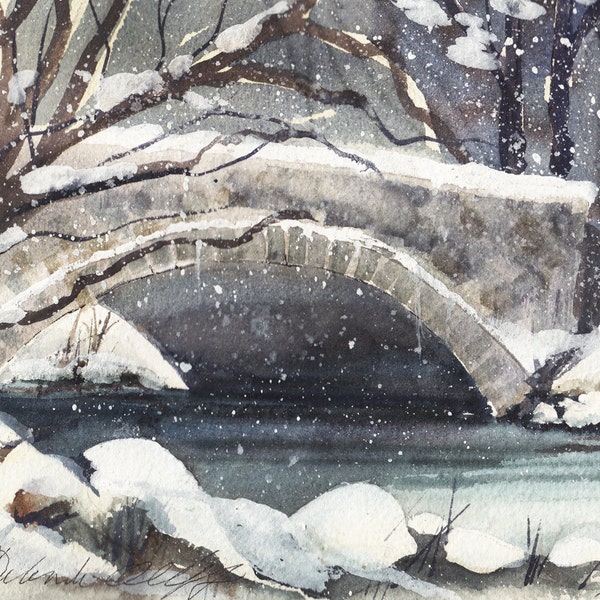 Winter Bridge, Watercolor Print, Yosemite, River, Snow
