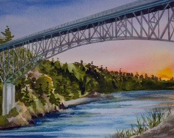 Deception Pass, Watercolor Giclee Print, San Juan Islands, Pacific Northwest, Washington, Bridge, Seascape